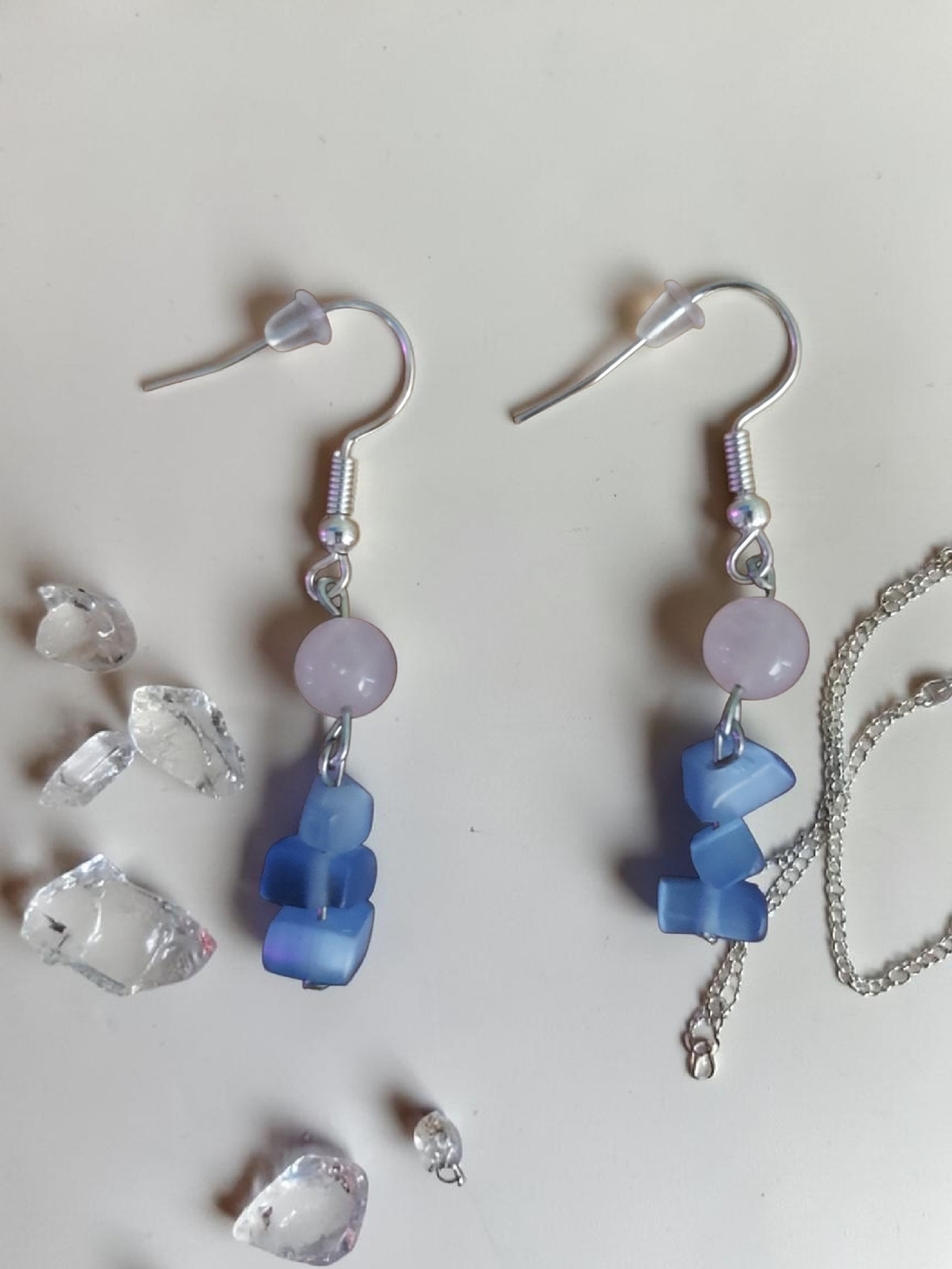 Rose Quartz and Blue Bead Dangle Earrings
